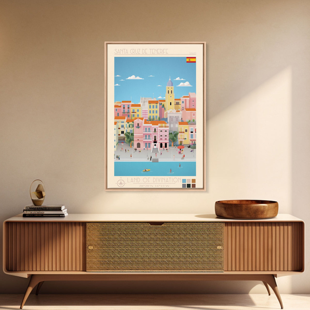Santa Cruz de Tenerife Spain Travel Poster Framed Canvas Print, Midcentury Modern Art, Pop Art Wall Decor, Living Room Art, Bedroom Decoration