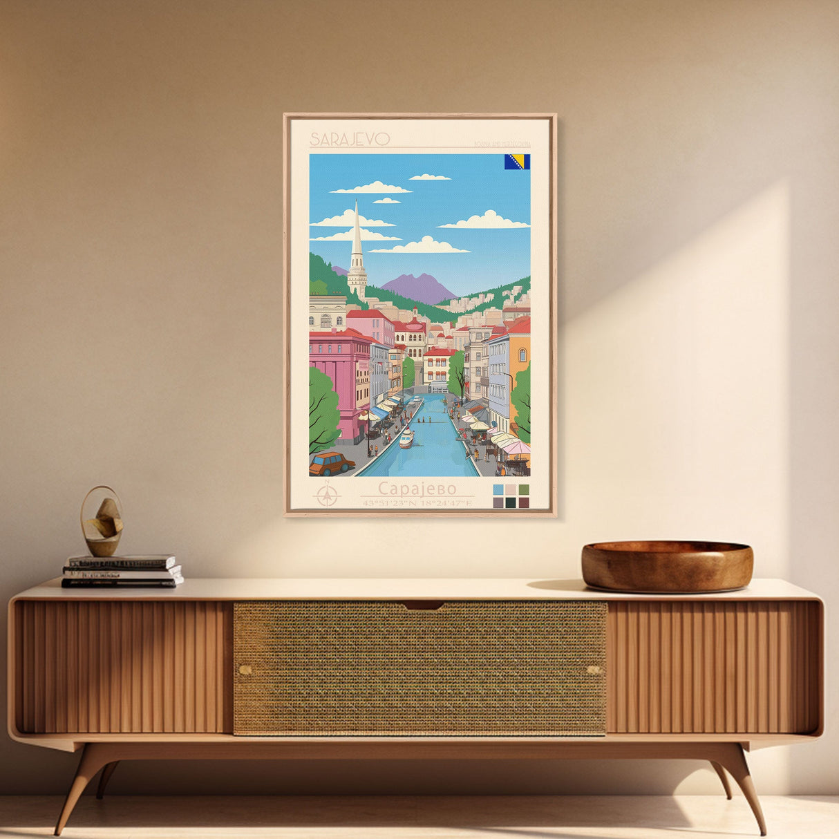 Sarajevo Bosnia and Herzegovina Travel Poster Framed Canvas Print, Midcentury Modern Art, Pop Art Wall Decor, Home Decor, Office Decoration