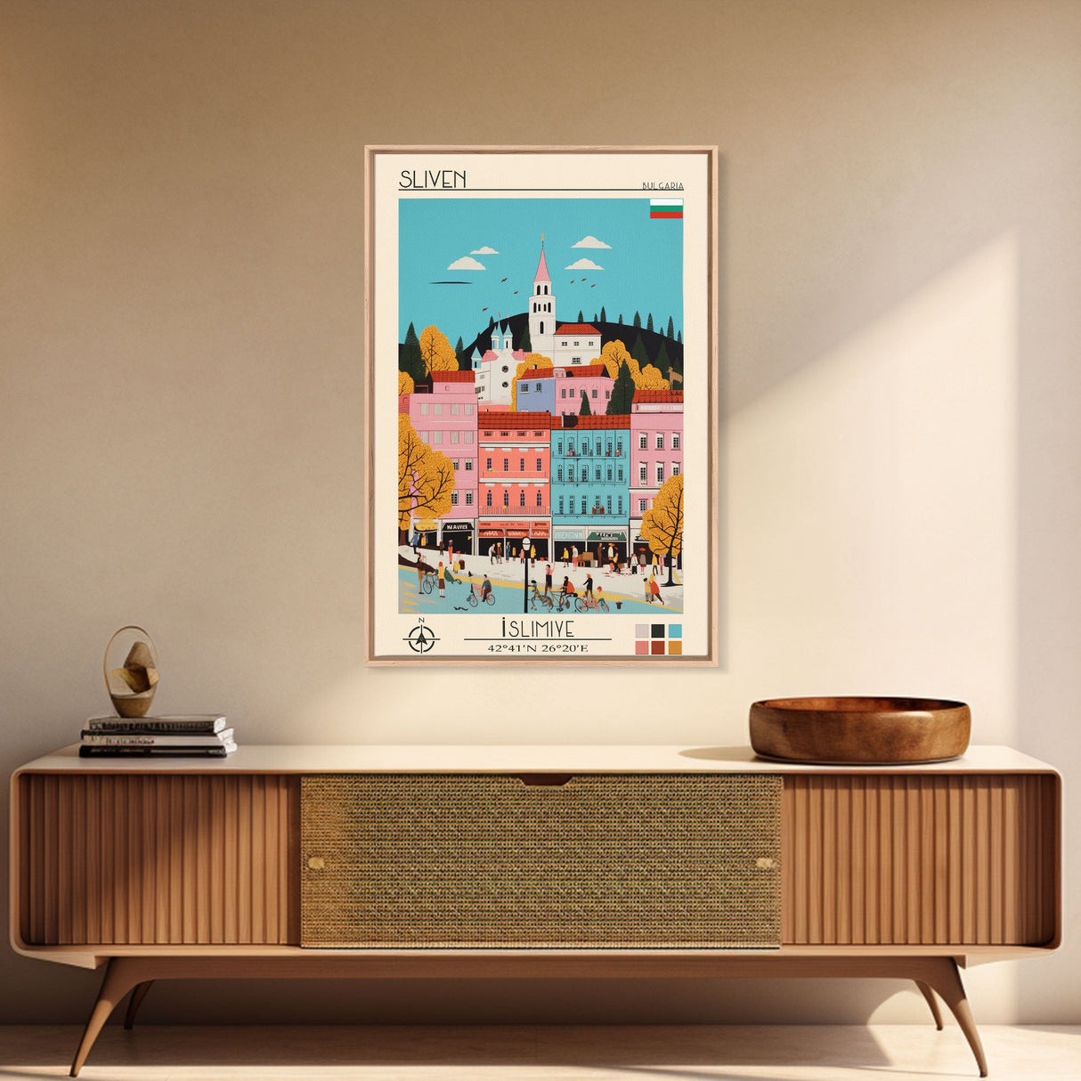 Sliven Bulgaria Travel Poster Framed Canvas Print, Midcentury Modern Art, Pop Art Wall Decor, Living Room Art, Vacation Gift