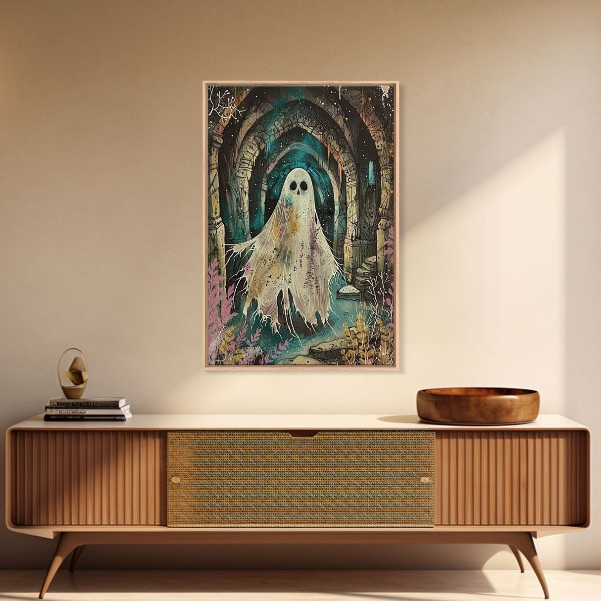 Ghostly Figure in Ancient Ruins Framed Canvas Print, Haunted Ruins Decor, Halloween Ghost Art, Eerie Ghostly Wall Art, Spooky Ghost Print