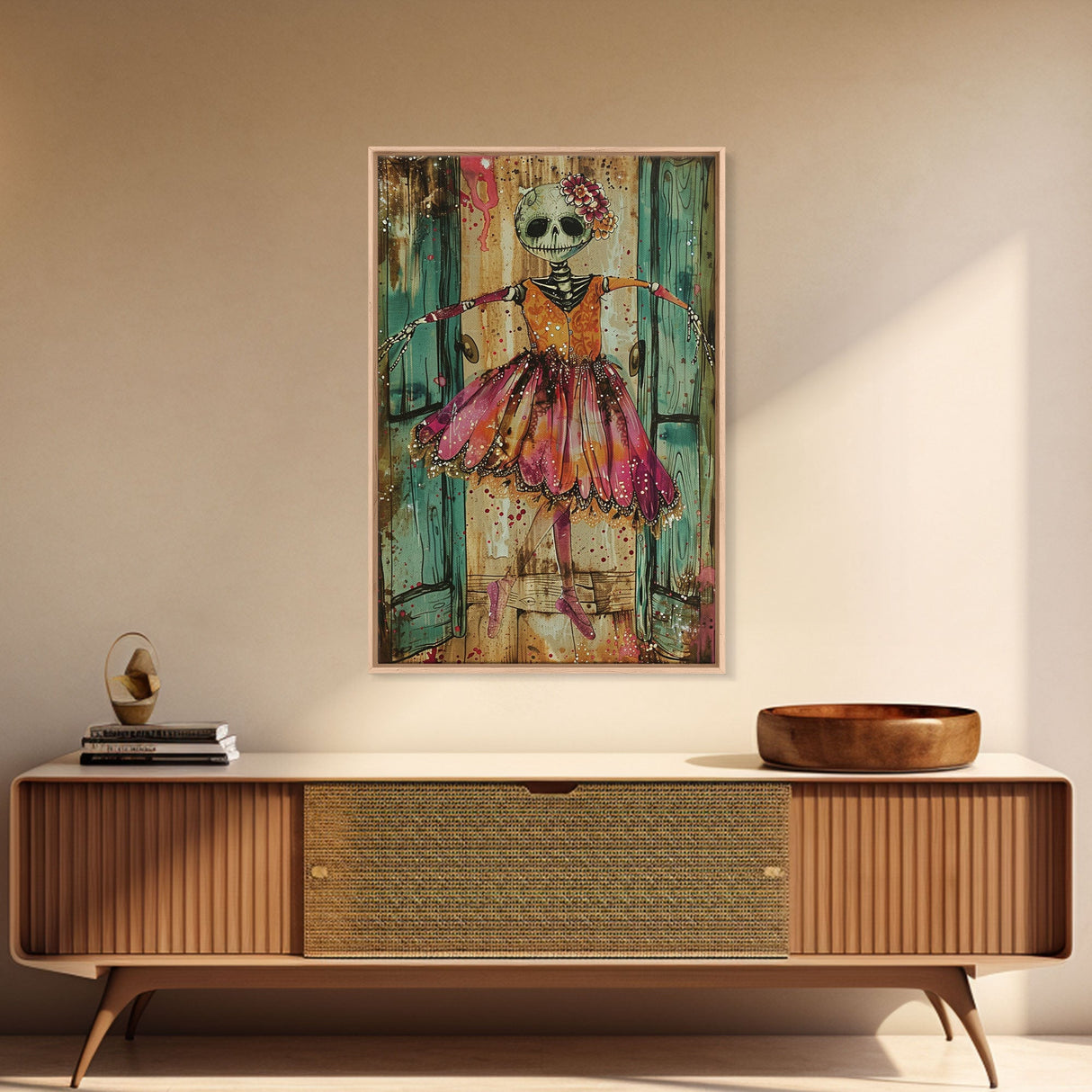 Spooky Skeleton Ballerina, Framed Canvas Print, Halloween Wall Art