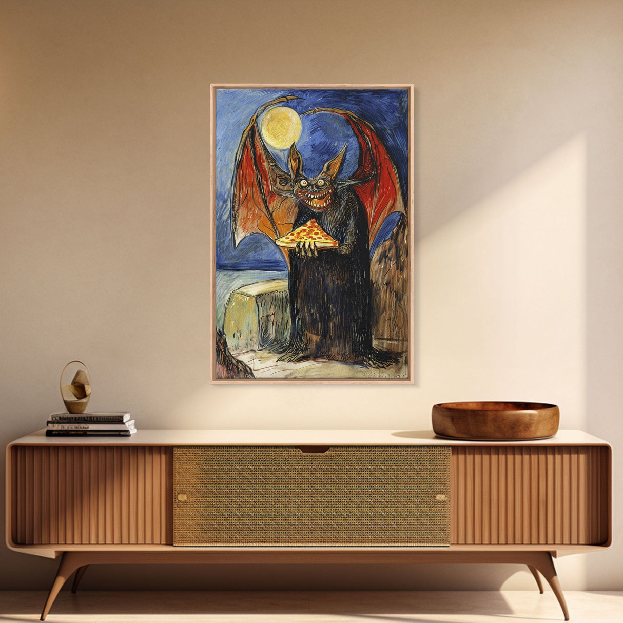 Halloween Vampire Bat with Pizza Under Full Moon Framed Canvas Print, Humorous Wall Art, Home Decor, Whimsical Decor, Gift Idea, Spooky Fun