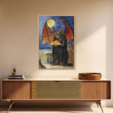 Halloween Vampire Bat with Pizza Under Full Moon Framed Canvas Print, Humorous Wall Art, Home Decor, Whimsical Decor, Gift Idea, Spooky Fun