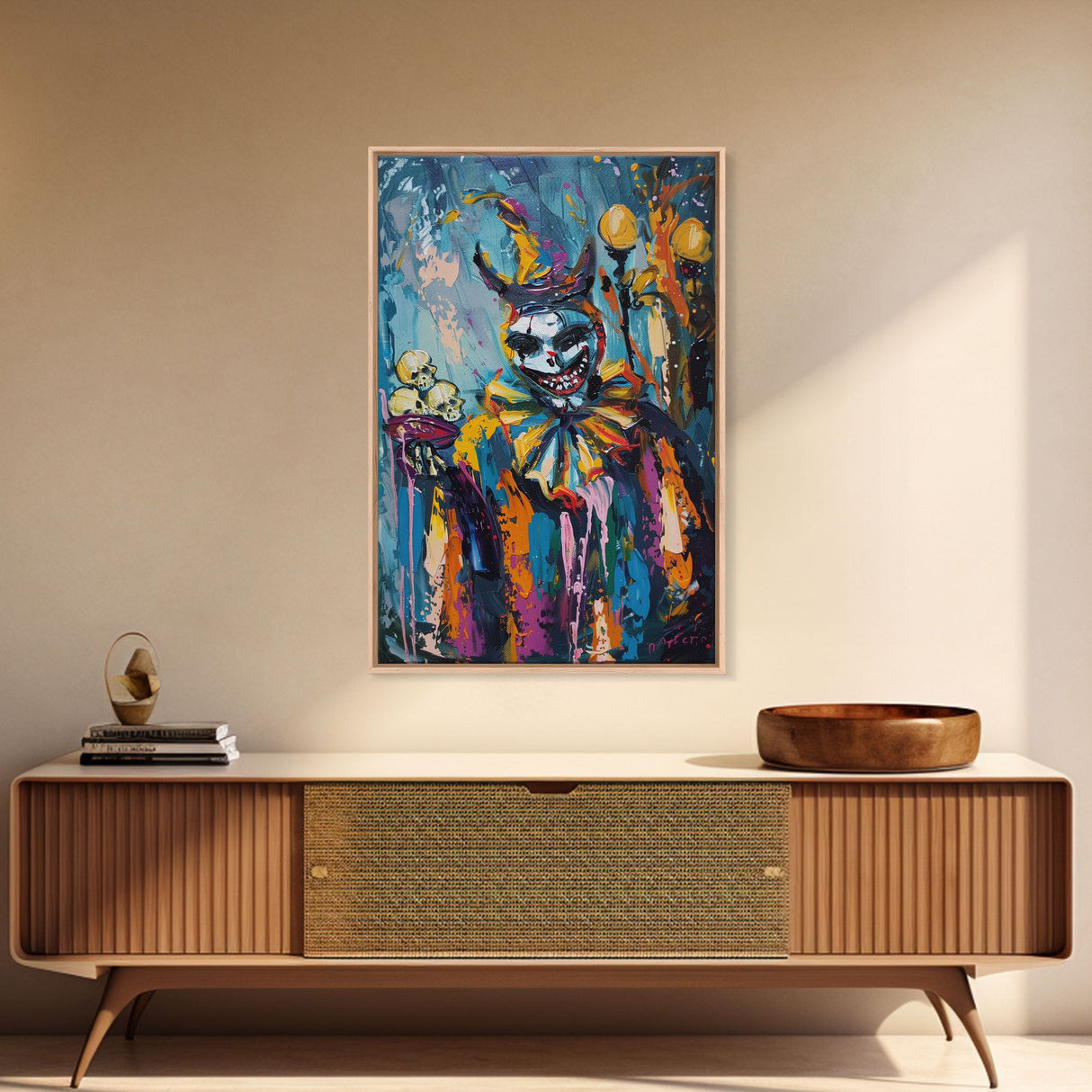 Halloween Grinning Clown with Skulls Framed Canvas Print, Scary Wall Art, Home Decor, Haunted Decor, Gift Idea, Creepy Circus
