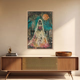 Halloween Skeleton Bride in Cemetery, Framed Canvas Print, Wall Art, Living Room Decor, Spooky, Skeleton Art, Original Painting, Home Decor