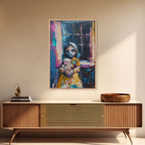 Halloween Creepy Girl with Doll, Framed Canvas Print, Wall Art, Living Room Decor, Spooky, Girl Art, Original Painting, Home Decor