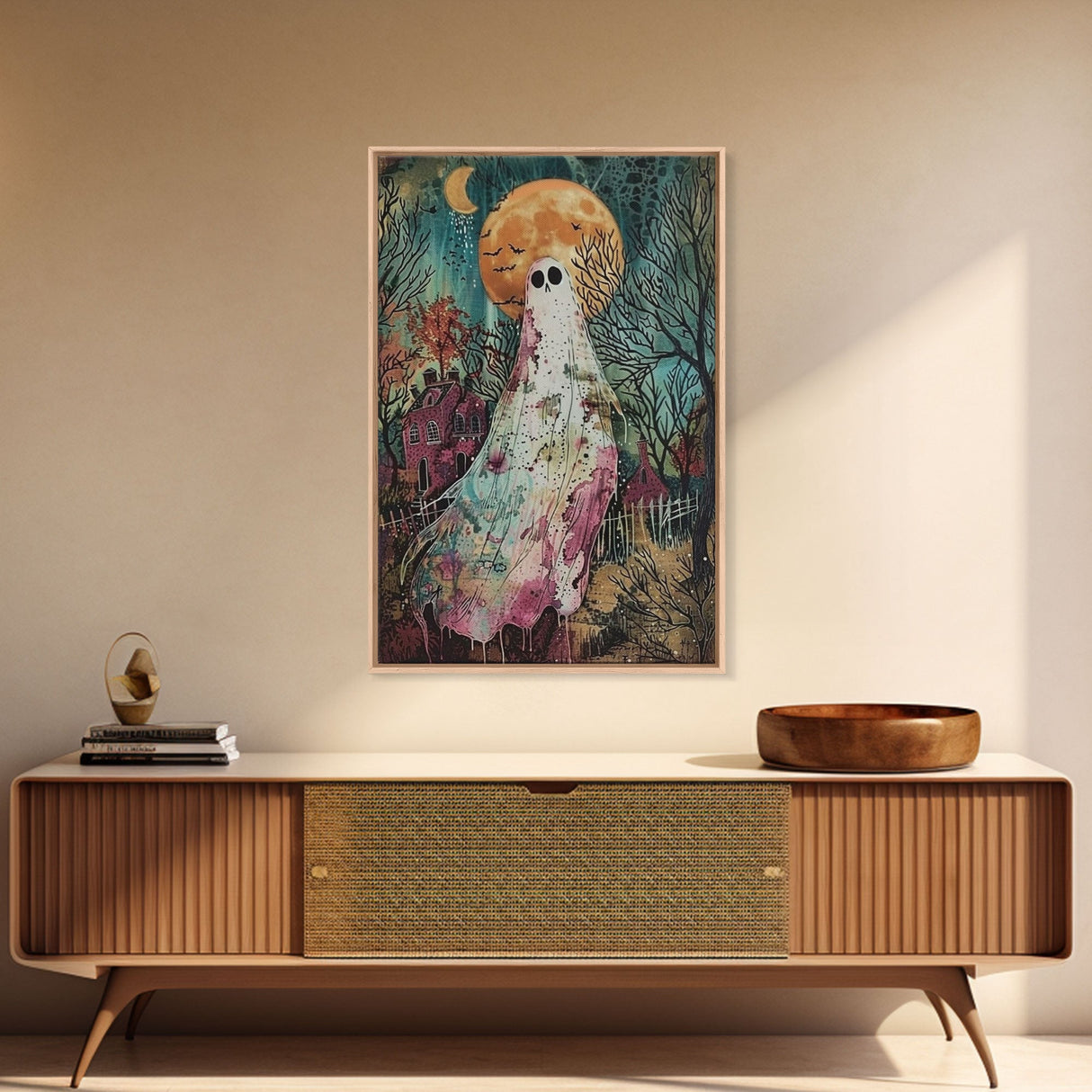 Halloween Ghost in Haunted Forest Framed Canvas Print, Spooky Decor, Living Room Art, Creepy Halloween Wall Art, Home Decoration