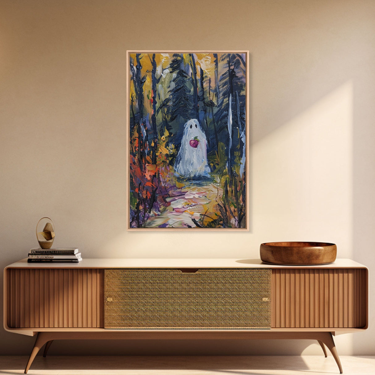 Halloween Ghost in Forest with Apple Framed Canvas Print, Whimsical Spooky Decor, Living Room Art, Fun Halloween Art, Home Decor, Retro Art