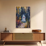 Halloween Ghost in Forest with Apple Framed Canvas Print, Whimsical Spooky Decor, Living Room Art, Fun Halloween Art, Home Decor, Retro Art