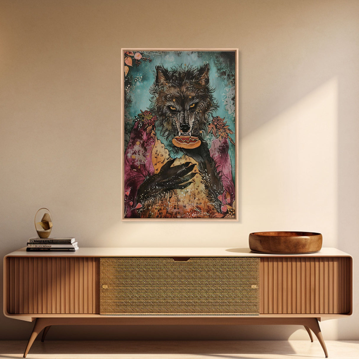 Halloween Werewolf Holding Hotdog, Framed Canvas Print, Wall Art, Home Decor, Spooky Artwork, Fantasy Decor, Halloween Decor