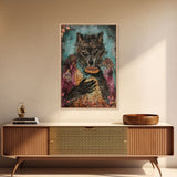 Halloween Werewolf Holding Hotdog, Framed Canvas Print, Wall Art, Home Decor, Spooky Artwork, Fantasy Decor, Halloween Decor