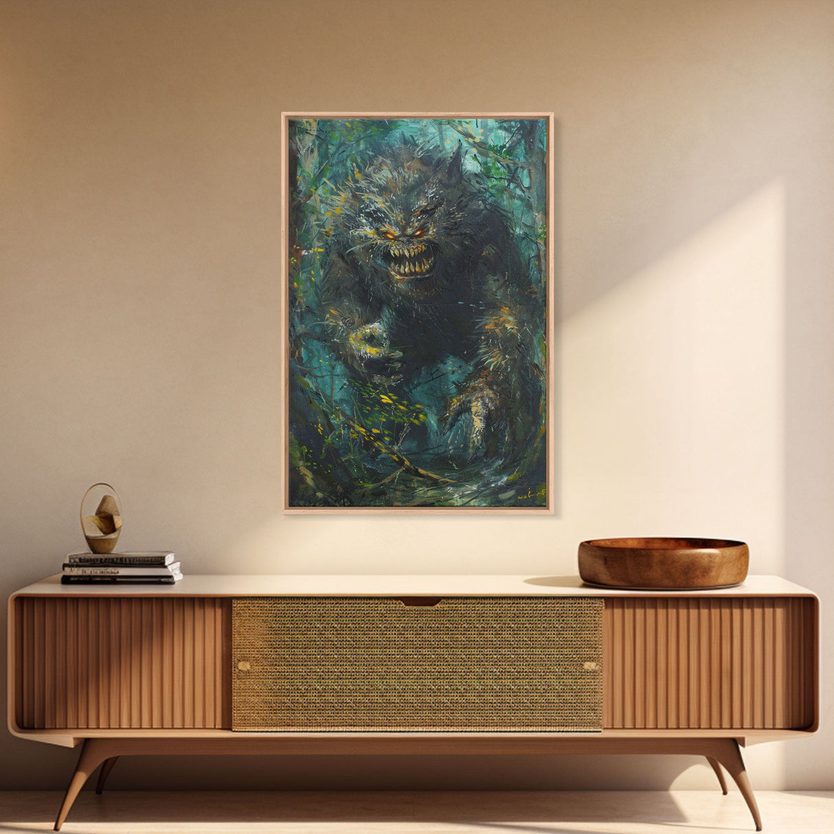 Halloween Frightening Forest Beast Framed Canvas Print, Wall Art, Home Decor, Living Room Decoration, Scary Creature Art, Haunted Decor