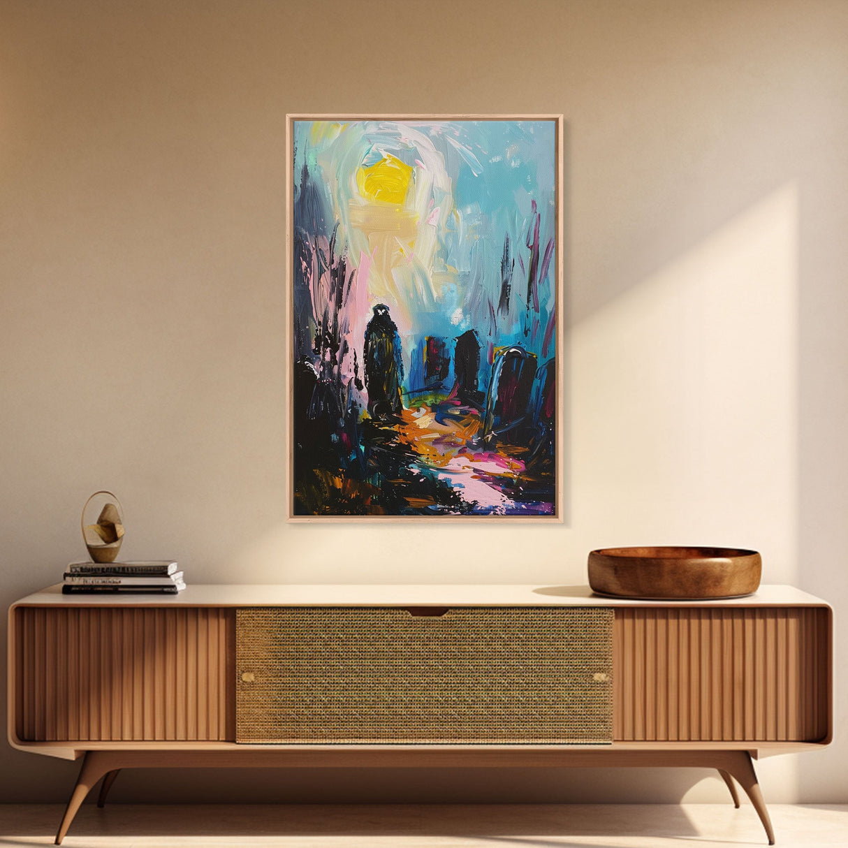 Creepy Haunted Cemetary Framed Canvas Print Halloween Art, Impasto Style Spooky Season Decor