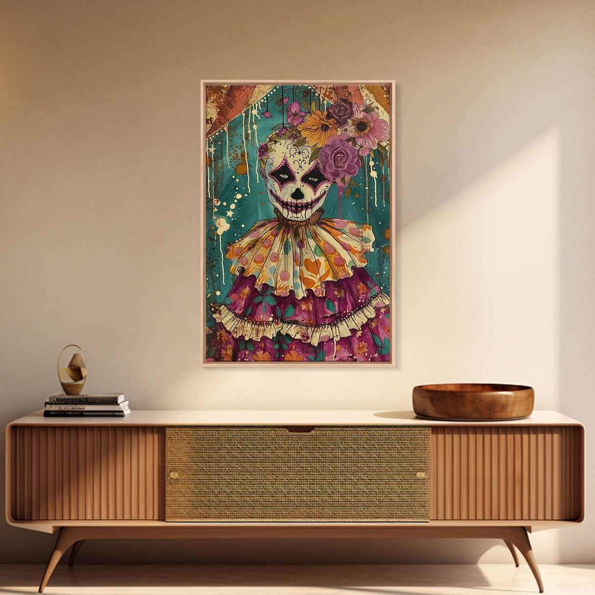 Day of the Dead Doll with Floral Crown Framed Canvas Print, Halloween Art, Creepy Wall Art, Spooky Home Decor, Scary Art, Unique Wall Decor