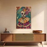 Day of the Dead Doll with Floral Crown Framed Canvas Print, Halloween Art, Creepy Wall Art, Spooky Home Decor, Scary Art, Unique Wall Decor