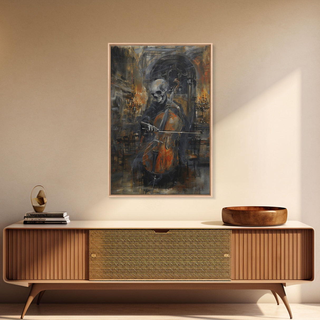 Skeleton Cellist in Gothic Cathedral | Halloween Wall Art | Spooky Home Decor | Creepy Skeleton Musician Painting | Framed Canvas Print