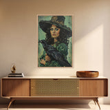 Raven Witch in Green Dress - Halloween Wall Art - Spooky Home Decor - Witch and Raven Painting - Gothic Halloween Decoration