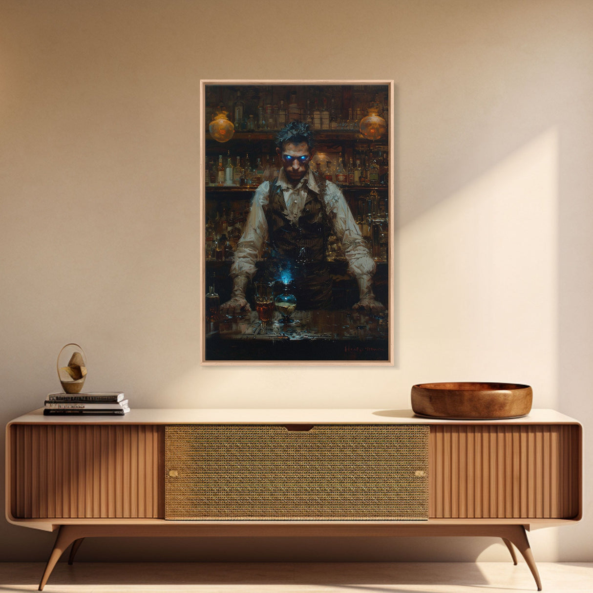 Mysterious Bartender with Glowing Eyes - Halloween Wall Art - Spooky Home Decor - Creepy Bar Scene - Unique Halloween Decoration