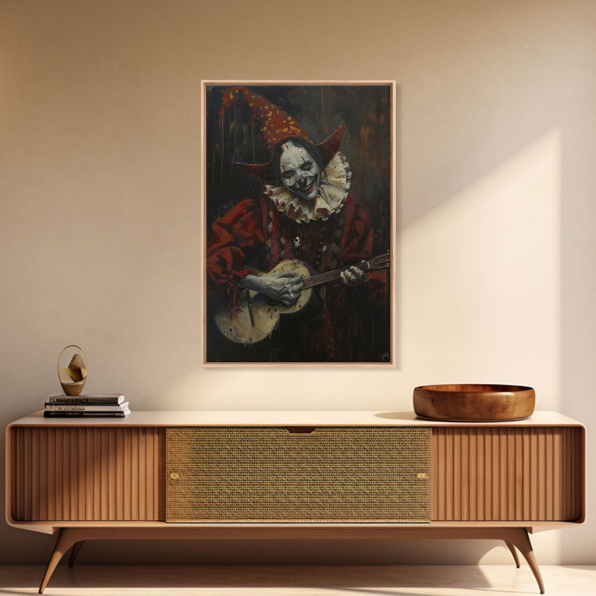 Creepy Clown Playing Guitar, Framed Canvas Print, Spooky Circus Art, Halloween Wall Decor, Horror Clown Illustration, Creepy Home Decor