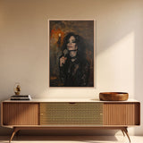 Gothic Singer with Dark Makeup - Halloween Art, Gothic Art, Spooky Decor Haunted Concert Dark Music Art, Eerie Portrait, Framed Canvas Print