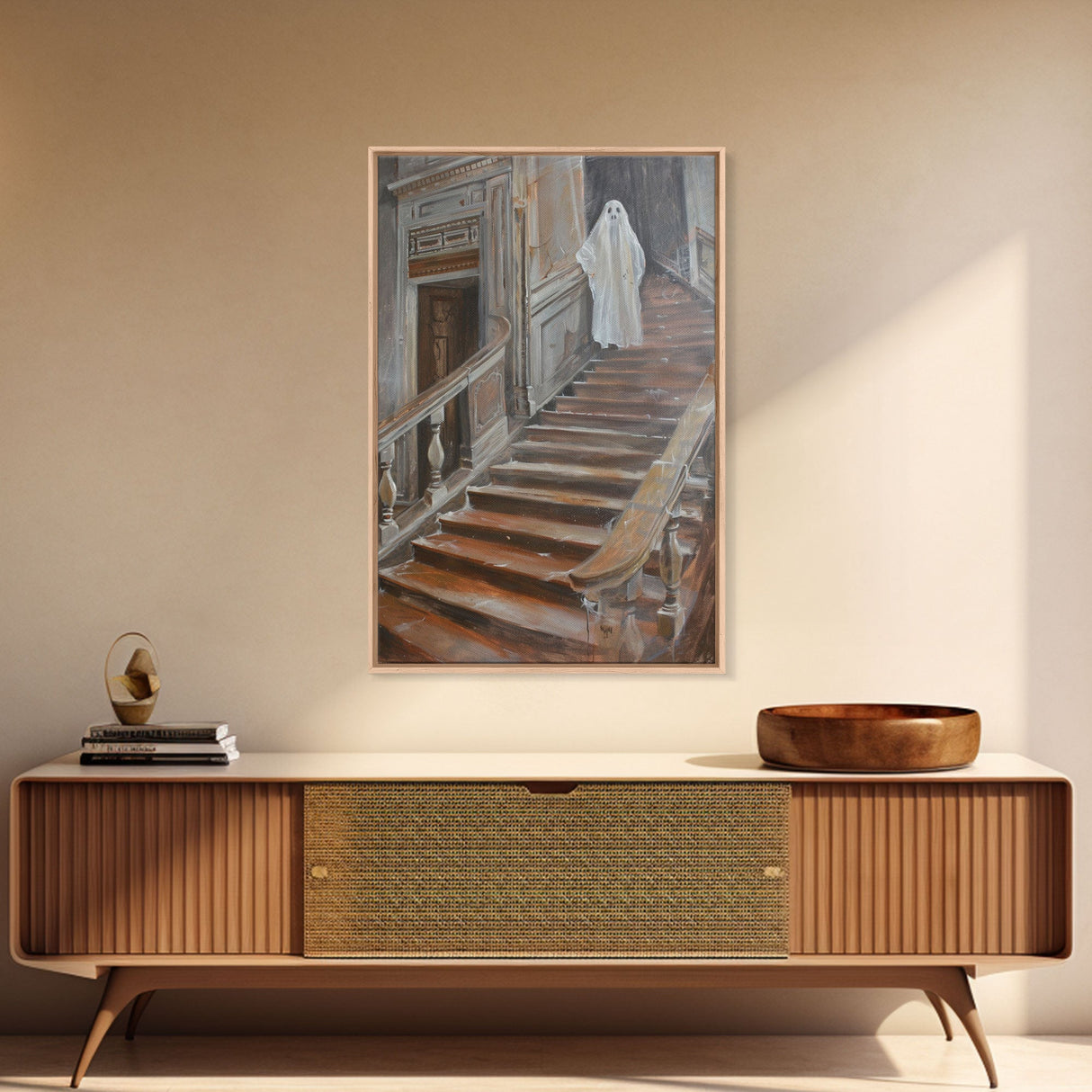 Ghost On Stairs Canvas Print - Halloween Art, Spooky Home Decor, Ghost Wall Art, Haunted House Decor, Halloween Decor, Framed Canvas Print