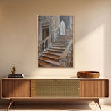 Ghost On Stairs Canvas Print - Halloween Art, Spooky Home Decor, Ghost Wall Art, Haunted House Decor, Halloween Decor, Framed Canvas Print