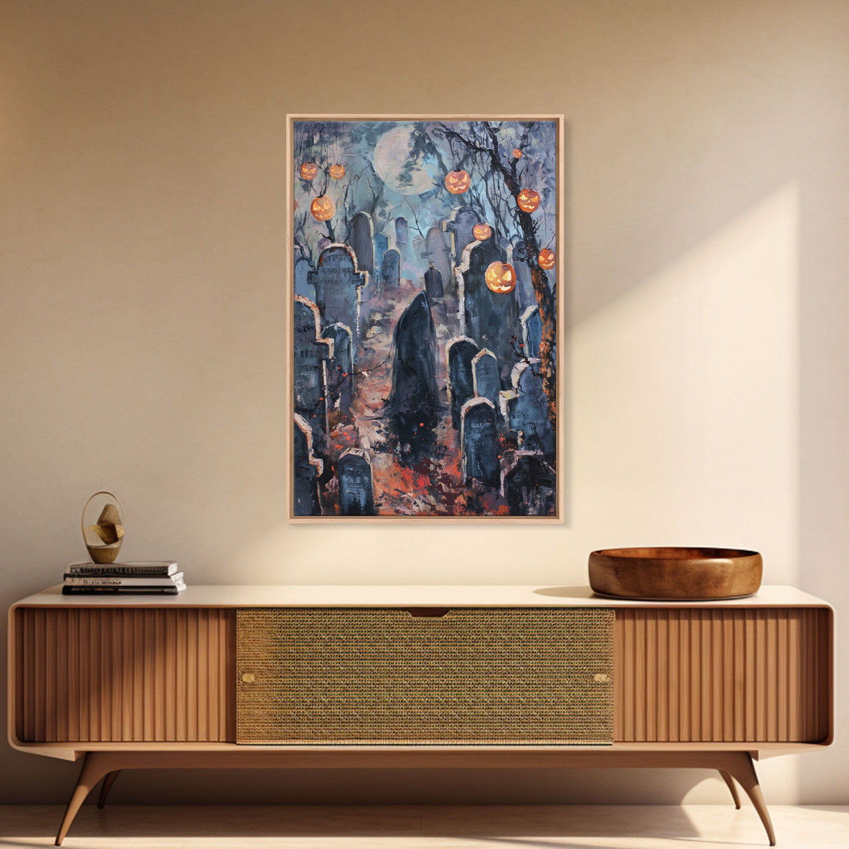 Jack-o'-Lantern Graveyard Canvas Print - Halloween Art, Spooky Home Decor, Cemtary Wall Art Pumpkin Art Halloween Decor, Framed Canvas Print