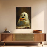 Cute Ghost Chompin on A Hot Dog, Ghostly Hot Dog Thief, Framed Canvas Print, Funny Halloween Spooky Season Art