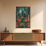 Haunted Graveyard with Flowers Framed Canvas Print, Wall Art, Halloween Cemetery Art, Spooky Home Decor, Ghostly Garden Painting