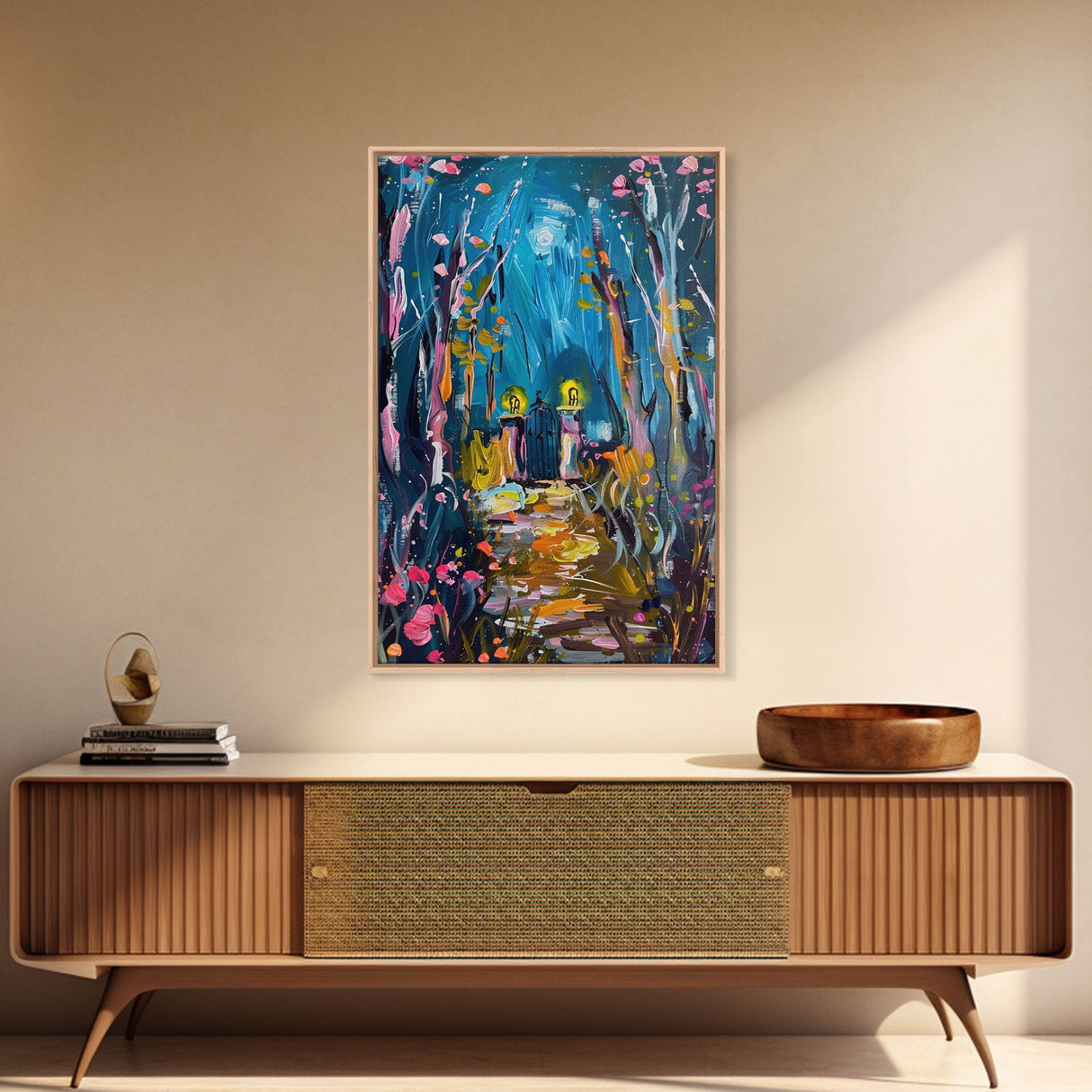 Mystical Cemetery with Glowing Flowers Framed Canvas Print, Wall Art, Halloween Graveyard Art, Enchanted Forest Decor, Spooky Artwork