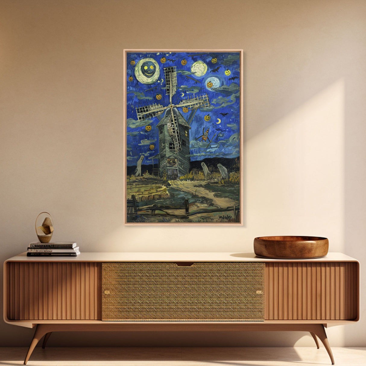 Haunted Railway Station with Pumpkins Framed Canvas Print, Wall Art, Spooky Home Decor, Halloween Train Station Art, Eerie Painting