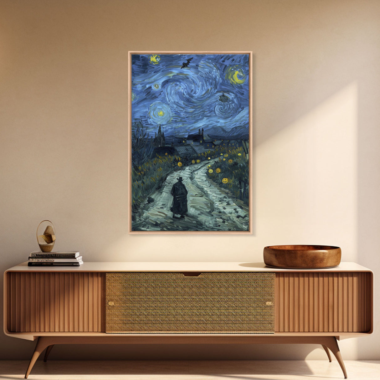 Haunted Road with Jack-O-Lanterns Framed Canvas Print, Halloween Wall Art, Starry Night Inspired, Home Decor, Spooky Art, Living Room Decor
