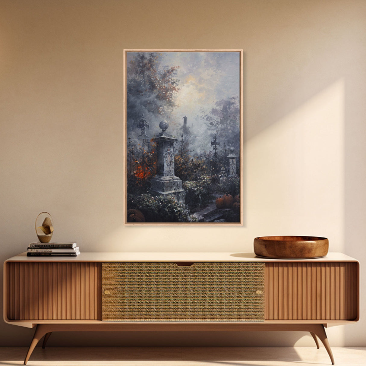 Gothic Cemetery with Statues Framed Canvas Print, Halloween Wall Art, Haunted Graveyard, Home Decor, Spooky Art, Living Room Decor, Gothic