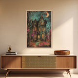 Enchanted Gothic House Framed Canvas Print, Halloween Wall Art, Spooky Art, Home Decor, Living Room Decor, Gothic Artwork, Haunted House