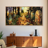 Haunted Cemetery In The Springtime, Framed Canvas Print, Colorful Halloween Decor, Halloween Wall Art