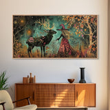 Victorian Witch and her Deer Familiar | Framed Canvas Print | Dark Academia Wall Art | Victorian Style Halloween Art