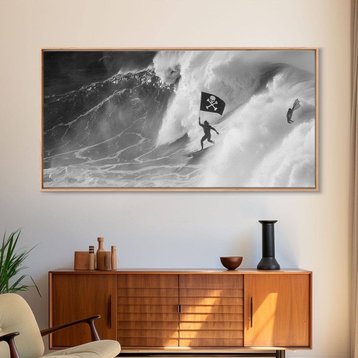 Surfer Waving A Skull and Crossbones Flag While Surfing - Framed Canvas Print - Cool Modern Art - Office / Mancave Decor Gift For Him