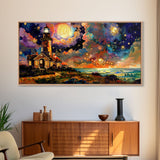 The Light House, Abstract Art, Framed Canvas Print, Original Midcentury Style Lighthouse Painting Wall Decor
