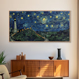Lighthouse and the Storm, Framed Canvas Print, Unique Halloween Wall Art, Nautical Decor, Starry Night Inspired Wall Art