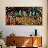 Colorful Haunted Grave Yard In The Spring Time, Framed Canvas Print, Spooky Wall Art, Halloween Spooky Season Decor