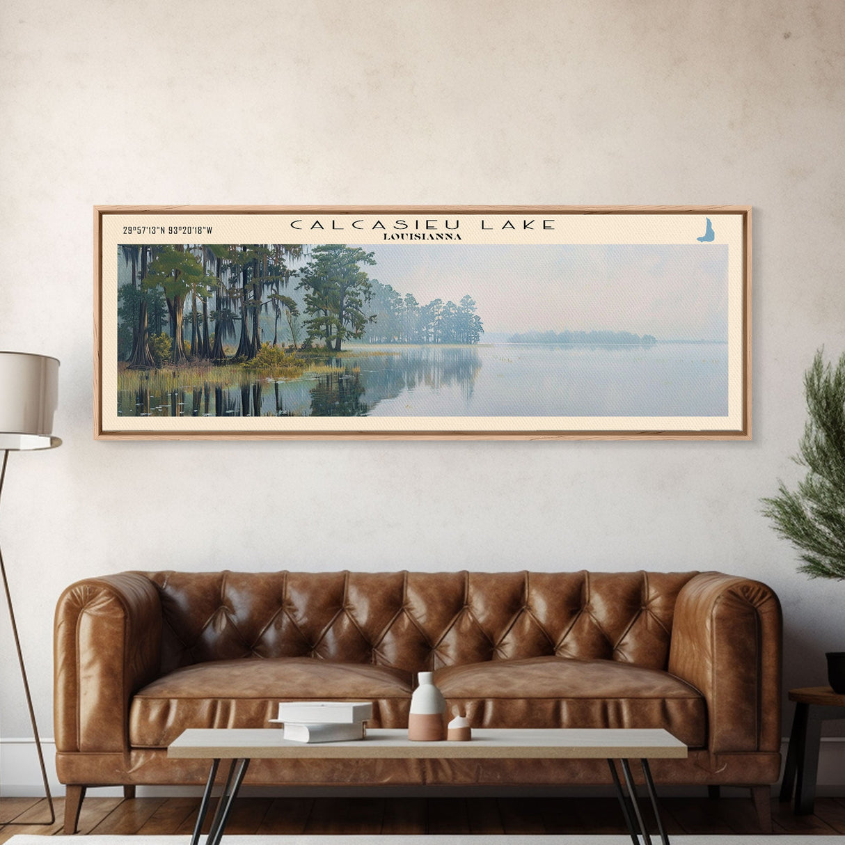 Calcasieu Lake Framed Canvas Print, Lake House Art, Panoramic Wall Art, Travel Poster, Minimalist Lake Painting, Home Decor