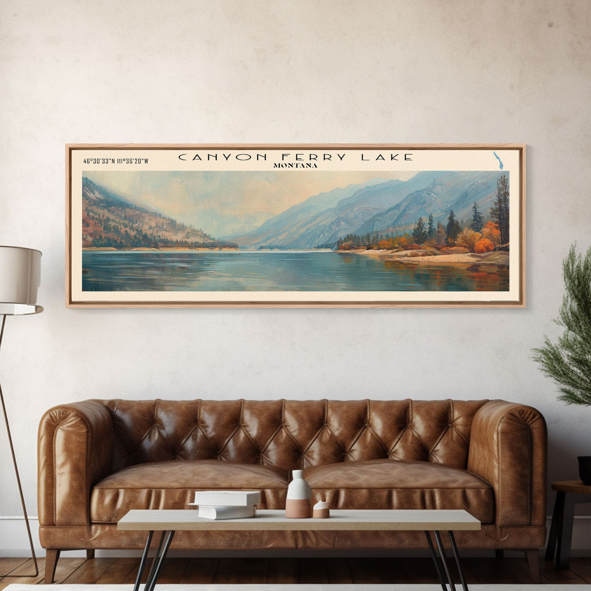 Canyon Ferry Lake Montana Framed Canvas Print, Lake House Art, Panoramic Wall Art, Travel Poster, Rustic Lake Painting, Nature Art