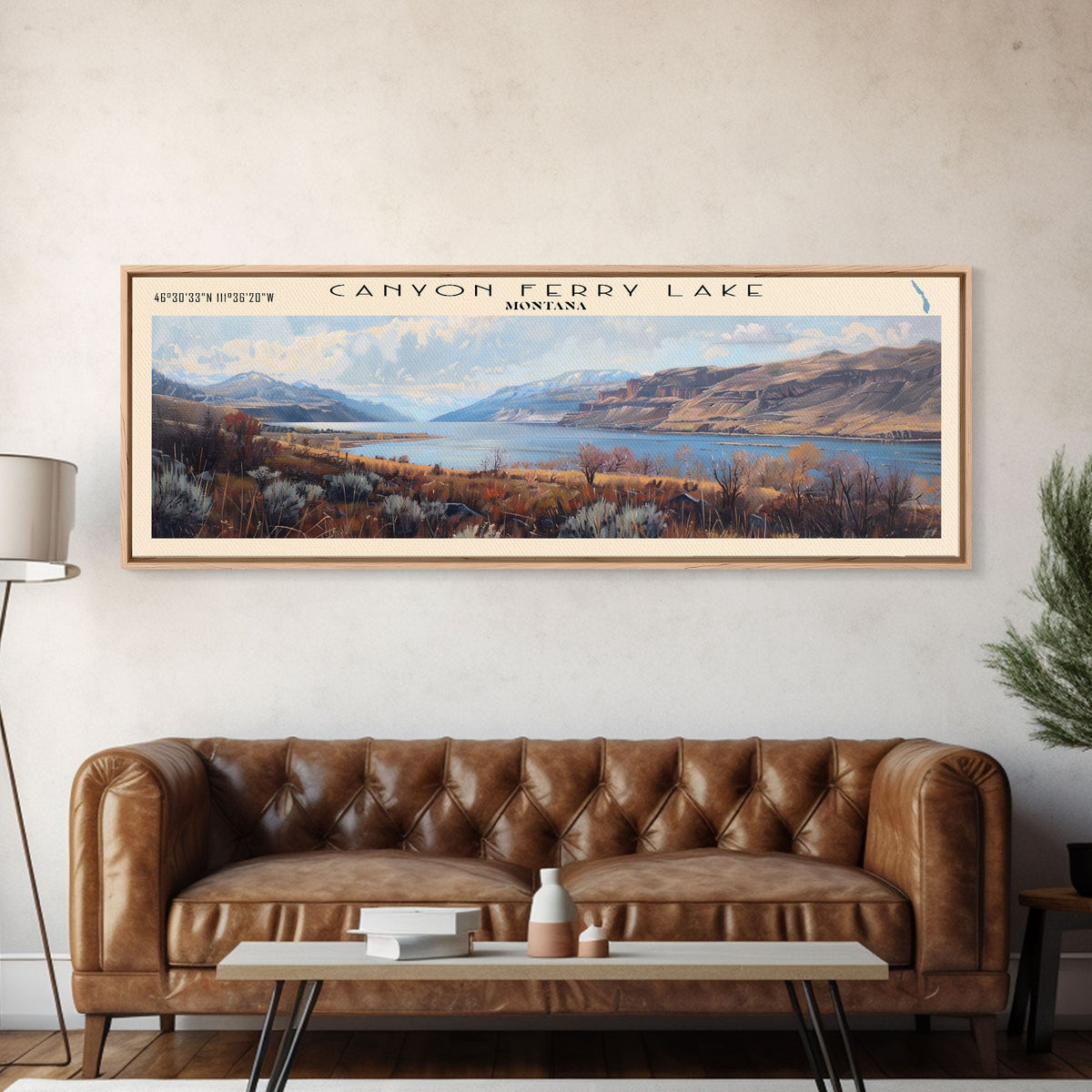 Canyon Ferry Lake Framed Canvas Print, Panoramic Lake House Decor, Wall Art, Travel Poster, Modern Lake Painting, Home Decor