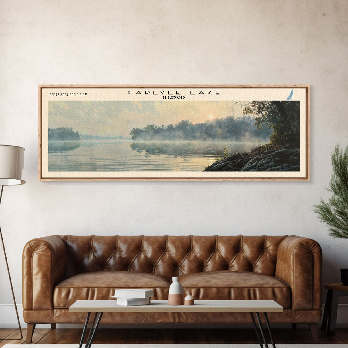 Carlyle Lake Illinois Framed Canvas Print, Lake House Decor, Panoramic Wall Art, Travel Poster, Rustic Lake Painting, Nature Art