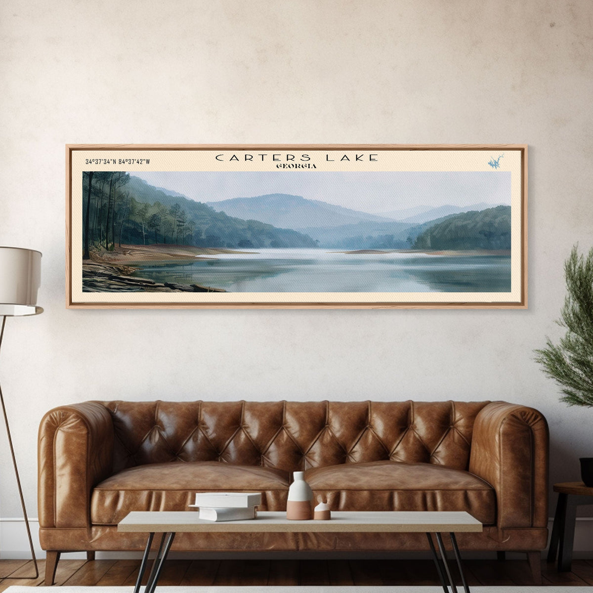 Carters Lake Georgia Framed Canvas Print, Panoramic Lake House Decor, Wall Art, Travel Poster, Rustic Lake Painting, Nature Art