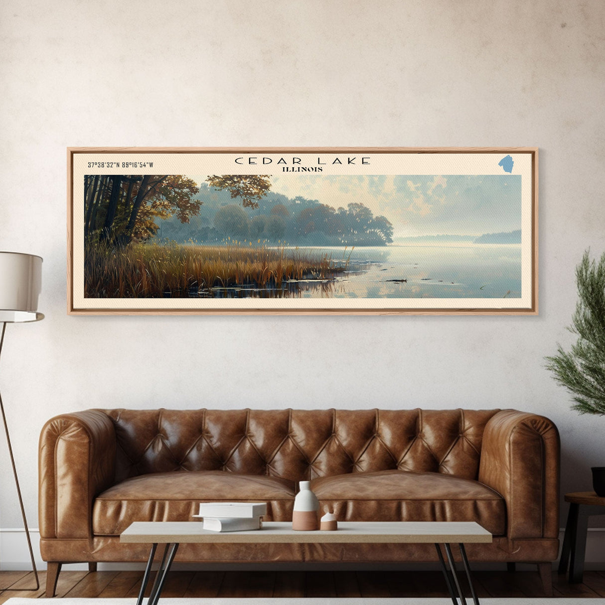 Cedar Lake Illinois Framed Canvas Print, Lake House Art, Panoramic Wide Art, Travel Poster, Minimalist Lake Painting, Home Decor
