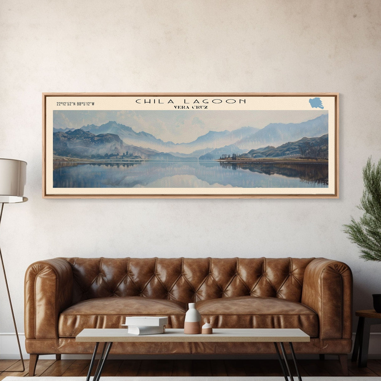 Chila Lagoon Framed Canvas Print, Panoramic Lake House Decor, Wide Wall Art, Travel Poster, Rustic Lake Painting, Home Decor