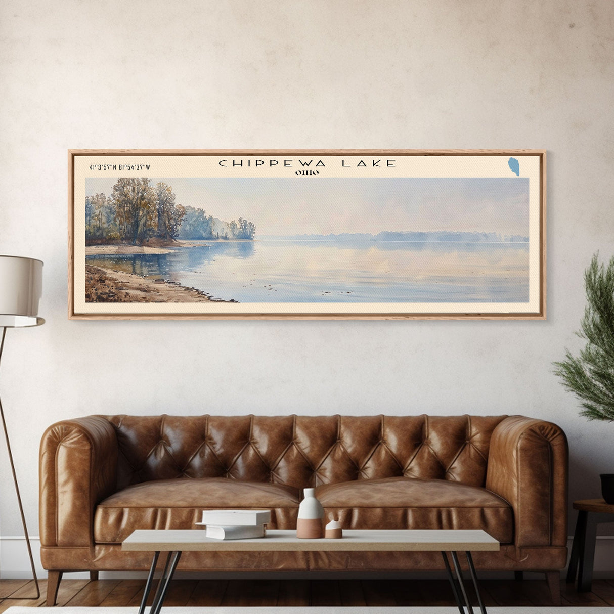 Chippewa Lake Ohio Framed Canvas Print, Lake House Decor, Panoramic Wide Art, Travel Poster, Modern Lake Painting, Nature Art
