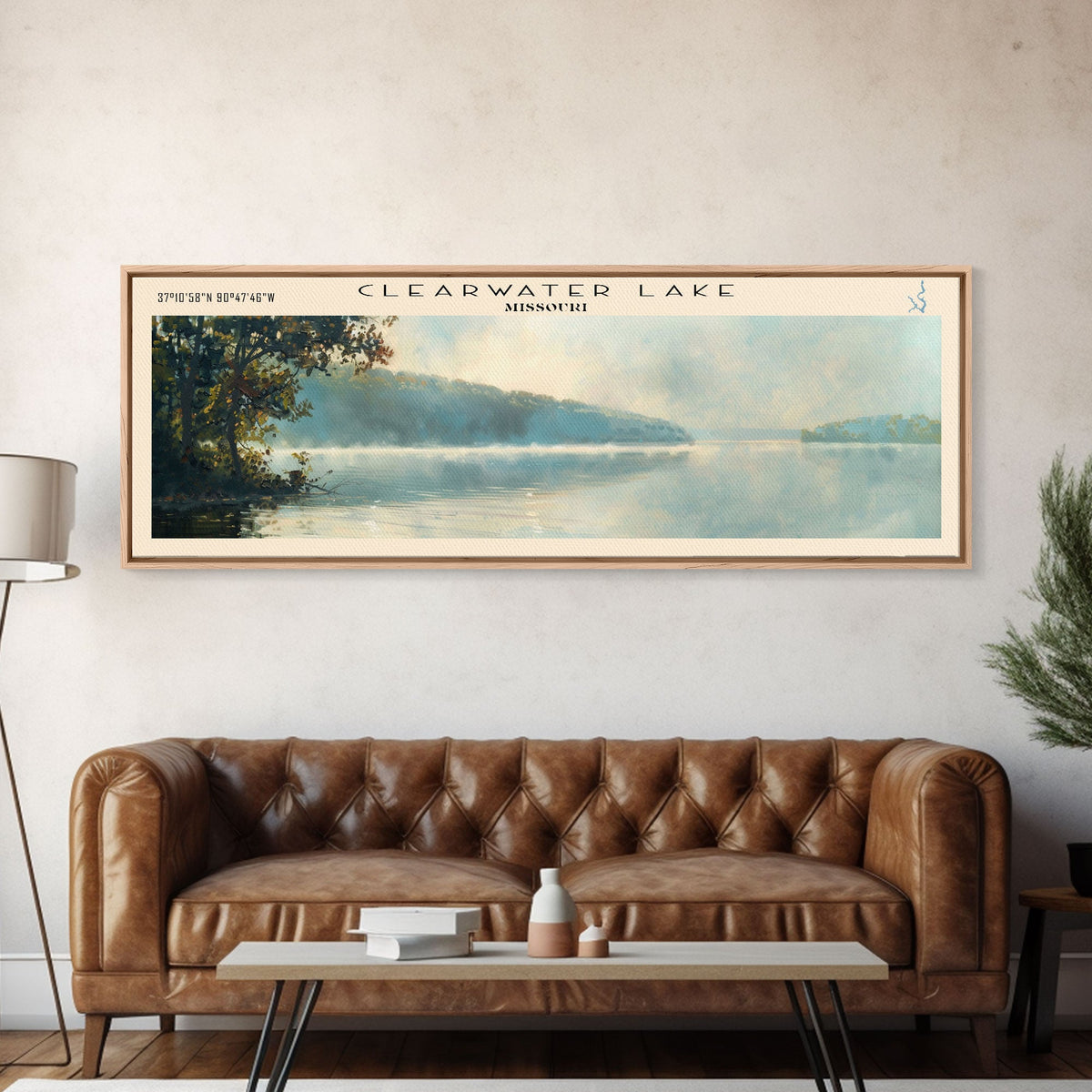 Clearwater Lake Framed Canvas Print, Lake House Art, Panoramic Travel Poster, Wide Wall Art, Modern Lake Painting, Home Decor
