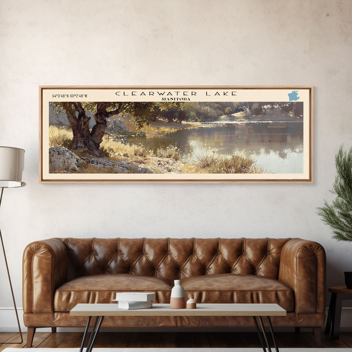 Clearwater Lake Framed Canvas Print, Lake House Art, Panoramic Travel Poster, Wide Wall Art, Modern Lake Painting, Home Decor